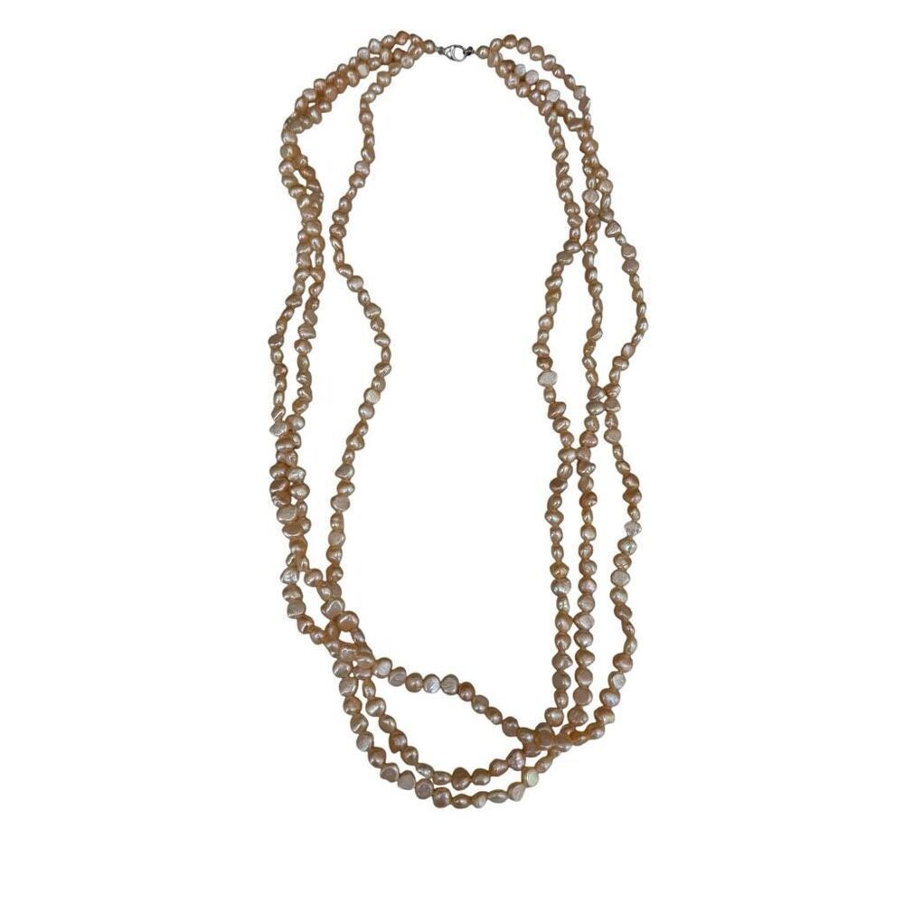 Vintage Freshwater Peach Pearl Triple Strand Necklace Sterling Silver 925 clasp